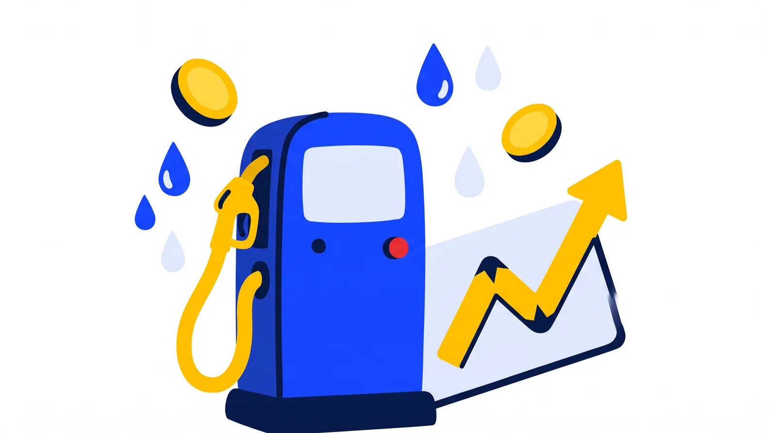 Il·lustració: un sortidor de gasolina amb gotes de carburant, monedes i un gràfic que puja